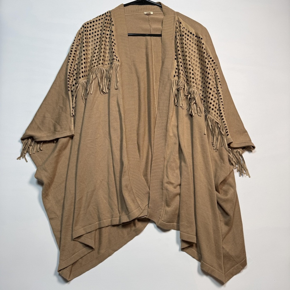 Reba Fringe Kimono Poncho Womens Large Brown Knit Faux Suede Boho Western